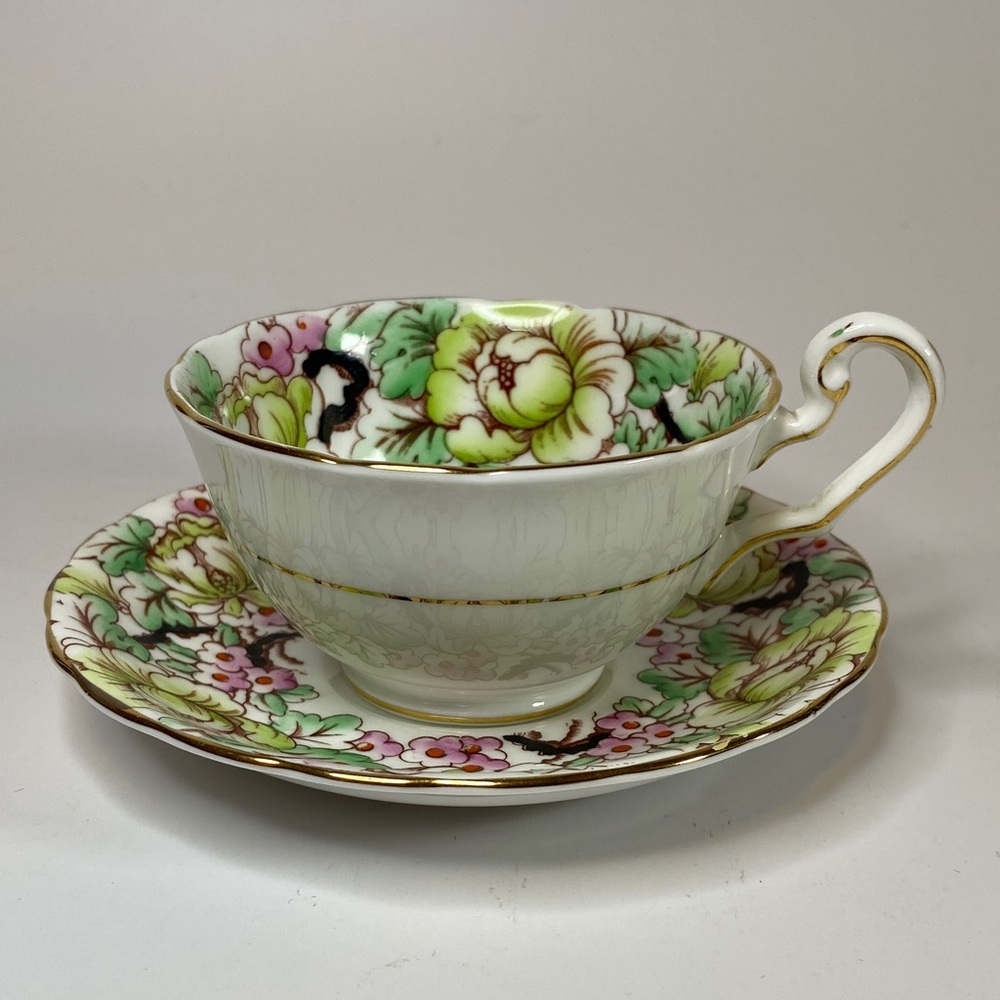 Vintage Victoria C&E Art Deco Teacup and Saucer in Peony pattern